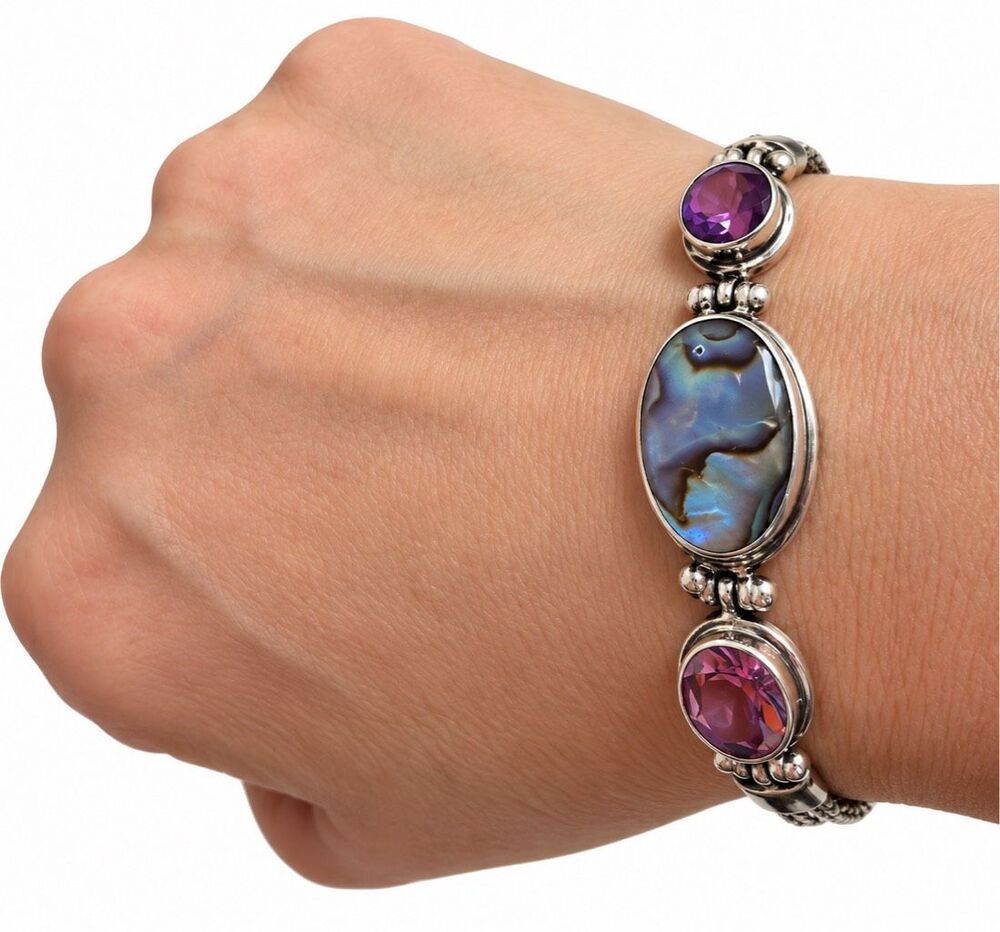 925 Sterling Silver Abalone & Purple Gemstone Statement Bracelet
